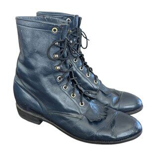 Vintage Lace up Larry Mahan Blue Leather Western Boots with Kilties - Size 12 D